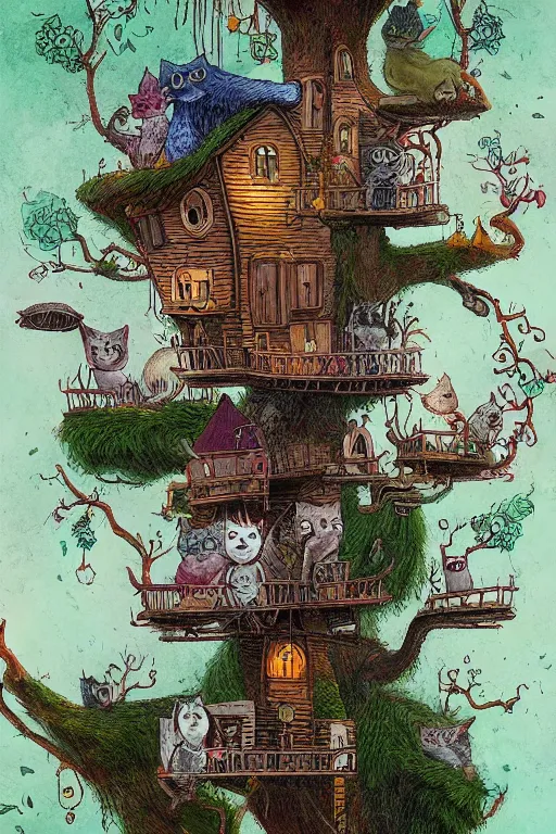 Prompt: The cat in the tree house illustrated by Tim Burton, Trending on artstation, artstationHD, artstationHQ, 4k, 8k