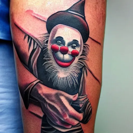 Prompt: man with arm tattoo of a hobo clown.