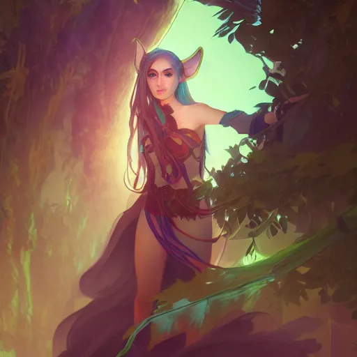 Image similar to Night Elf Druid, ambient lighting, 4k, alphonse mucha, lois van baarle, ilya kuvshinov, rossdraws, artstation