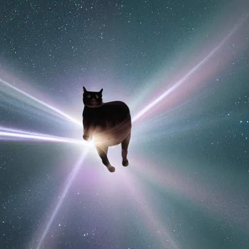 Prompt: a cosmic beam of light emitting from a cat riding a horse