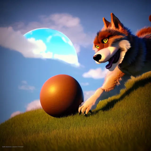 Image similar to a spherical anthropomorphic male blue dragon fursona being rolled up a hill, anthropomorphic male brown husky fursona, furry, round, sphere, 3 d render, unreal engine 5, octane render, soft colors, vivid, cute, 1 6 k