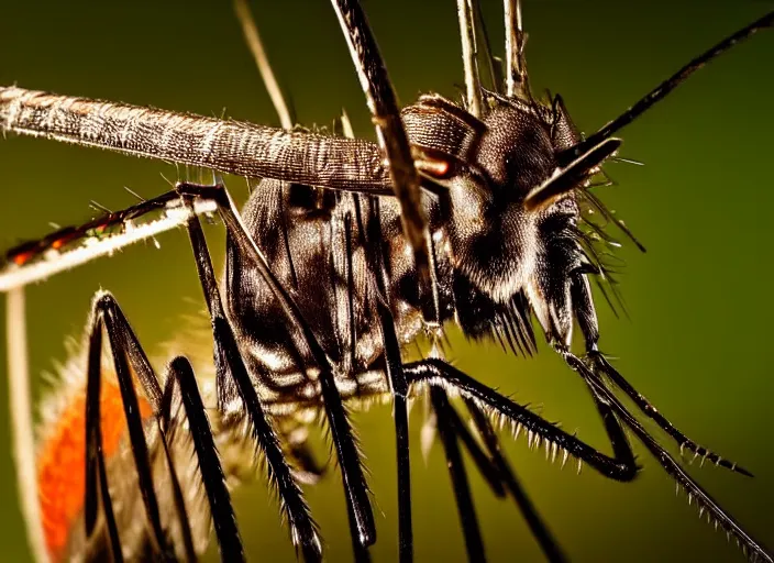 Image similar to close up of mosquito, wildlife photography, nikon d 7 5 0, macro view, super - resolution microscopy, closeup, zoom, shutter speed 1 / 1 0 0 0, f / 2. 8, 3 2 k, ultra - hd, super - resolution, natural lighting, insanely detailed and intricate, hypermaximalist, elegant, ornate, hyper realistic, super detailed