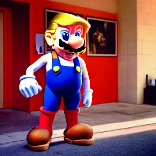 Image similar to uhd candid photo of hyperdetailed photorealistic donald trump dressed as super mario. correct face, cinematic lighting, photo by annie leibowitz, and steve mccurry.