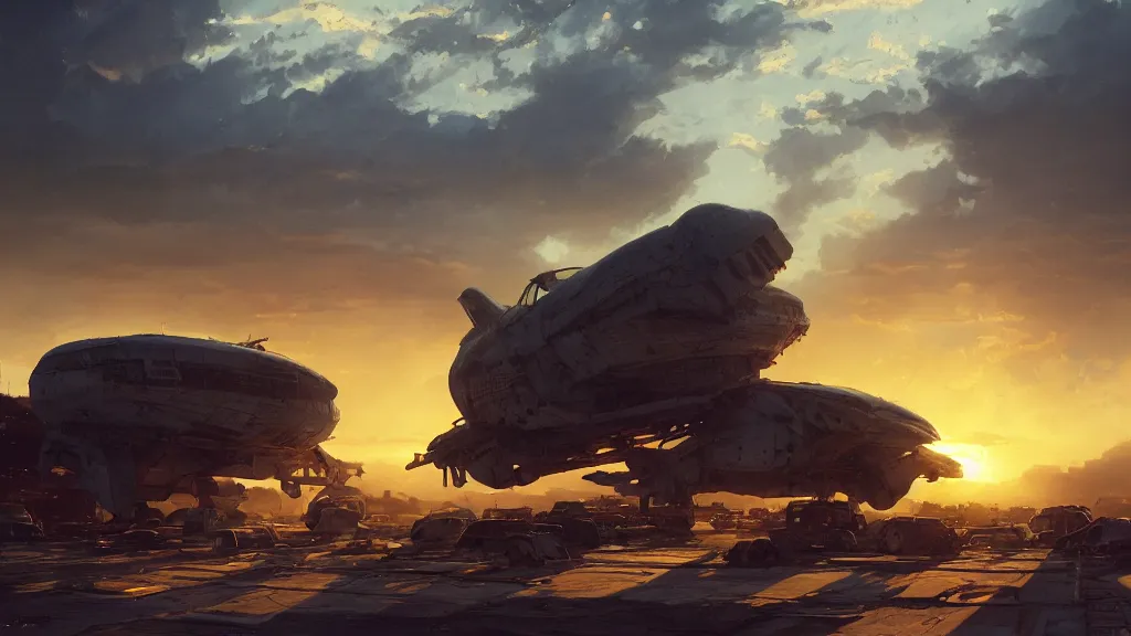 Image similar to a Photorealistic hyperrealistic render of a gigantic spaceship landing at a Junkyard by Greg Rutkowski,Nicolas Bouvier SPARTH,James Paick,WLOP,Artgerm,PIXAR,dramatic moody sunset lighting,long shadows,Volumetric, cinematic atmosphere, Octane Render,Artstation,8k