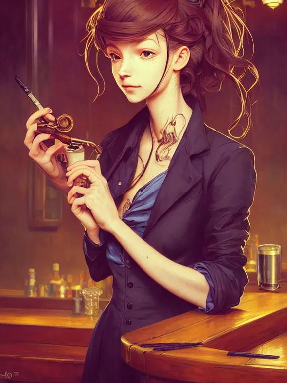 Prompt: full body picture of a girl with tobacco pipe in the bar rounge, bored, beautiful and aesthetic, intricate, unreal engine, messy hair, highly detailed, detailed face, smooth, sharp focus, chiaroscuro, manga illustration, artgerm, greg rutkowski, ilya kuvshinov, rossdraws, alphonse mucha, young adult light novel cover art