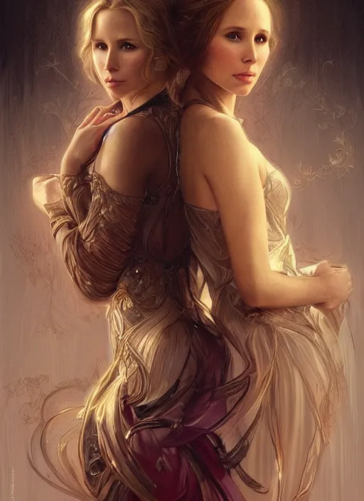 Prompt: beautiful portrait of alona tal and kristen bell, intricate, elegant, highly detailed, digital painting, artstation, concept art, smooth, sharp, focus, illustration, art by artgerm and greg rutkowski and alphonse mucha