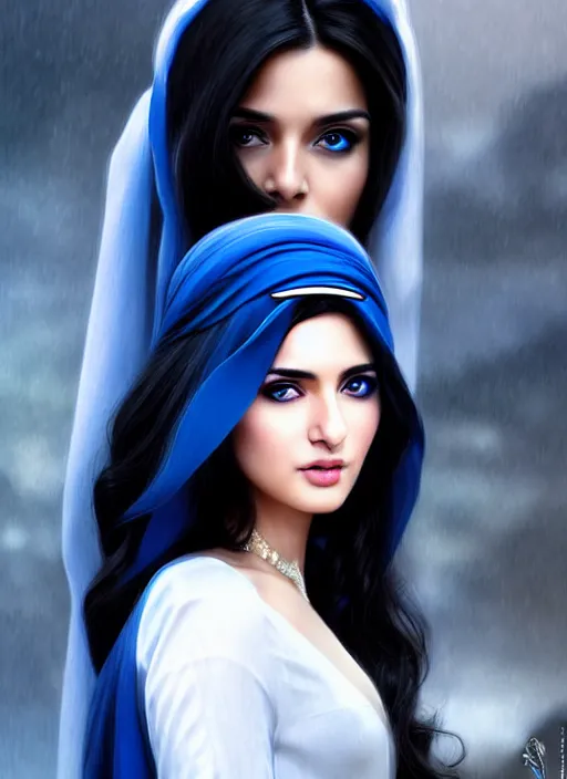 Image similar to arab ameera al taweel, blue eyes, long wavy black hair, white veil, in the style of stefan kostic, realistic, sharp focus, 8k high definition, insanely detailed, intricate, elegant, art by stanley lau and artgerm