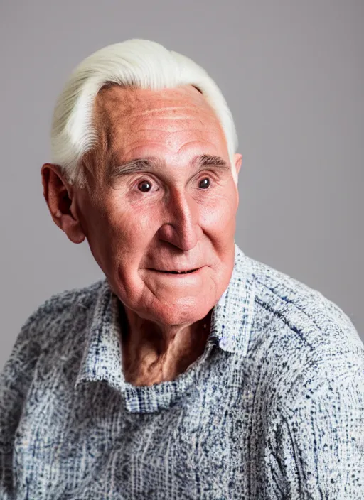 Image similar to dslr photo portrait still of 8 0 year old age 8 0 roger stone at age 8 0!!!, 8 5 mm f 1. 8