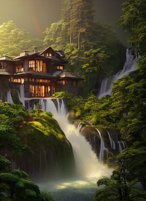 Prompt: beautiful big house in the forest, a big waterfall flows down from the mountain, octane render, fabulous, hyper detailed, random cinematic view, no noise, global illumination, warm lighting, volumetric, godrays, vivid, beautiful, by jordan grimmer