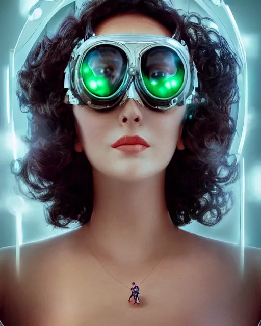 Image similar to centered portrait of soulful young elizabeth taylor as a solarpunk mecha humanoid robotic parts wearing crystal goggles with bright led lights, real human face, pudica gesture bouguereau style, in white room, ultra - realistic and intricate, soft portrait shot 8 k