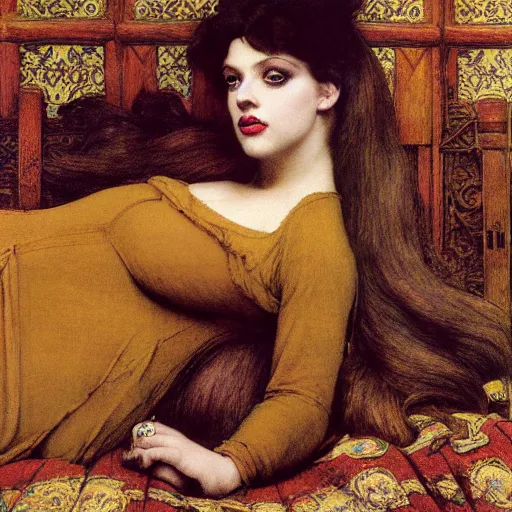 Image similar to preraphaelite photography reclining on bed, a hybrid of a hybrid of judy garland and liza minelli and a hybrid of lady gaga and nicole richie, aged 2 5, big brown fringe, wide shot, yellow ochre ornate medieval dress, john william waterhouse, kilian eng, rosetti, john everett millais, william holman hunt, william morris, 4 k