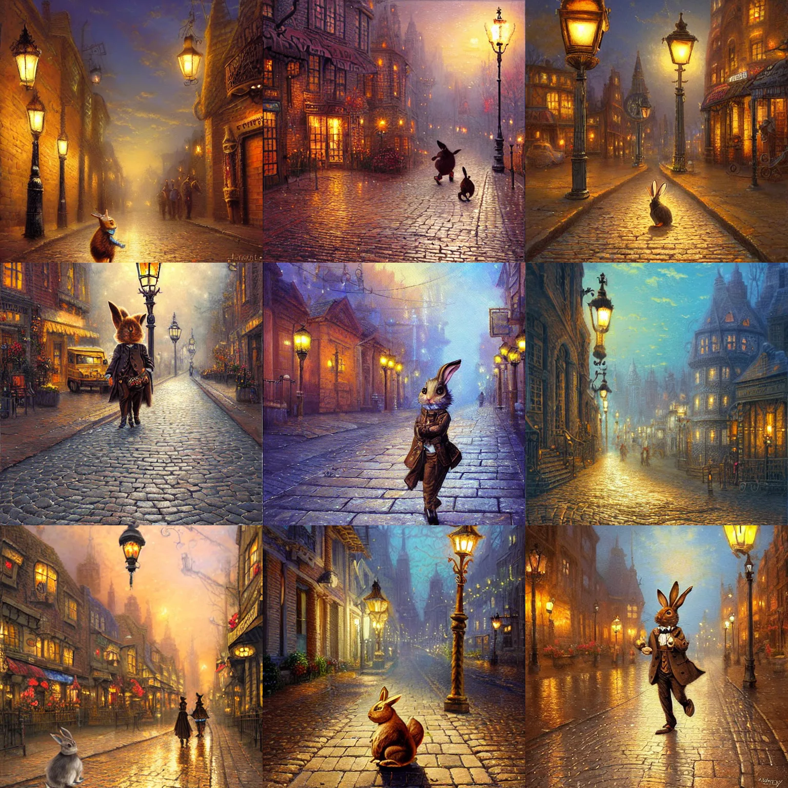 Prompt: a beautiful painting of an elegant steampunk rabbit on a street paved with cobblestones and warm streetlights, by James Gurney and Thomas Kinkade and Ralph Horsley