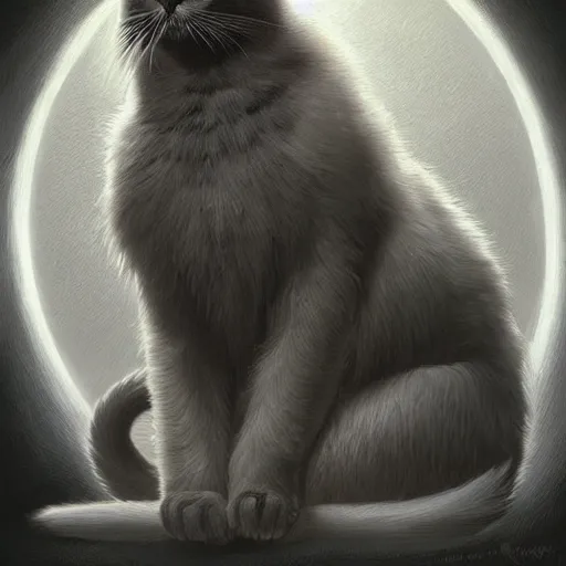 Prompt: a big dark grey cat with white belly, white paws and white face markings with long fur and fluffy tail sitting, intricate, elegant, highly detailed, digital painting, artstation, concept art, matte, sharp focus, illustration, art by Artgerm and Greg Rutkowski and Alphonse Mucha
