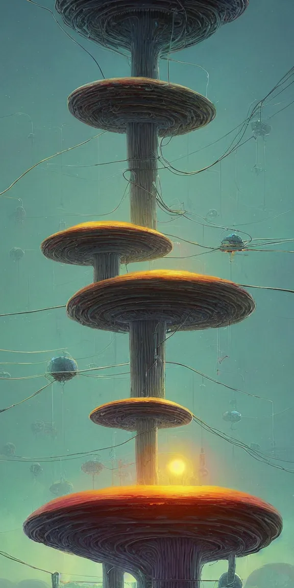 Image similar to mushroom starship with long tendrils, lots of hanging cables and wires, messy cords, sci - fi concept art, by john harris, by simon stalenhag, stunning, award winning