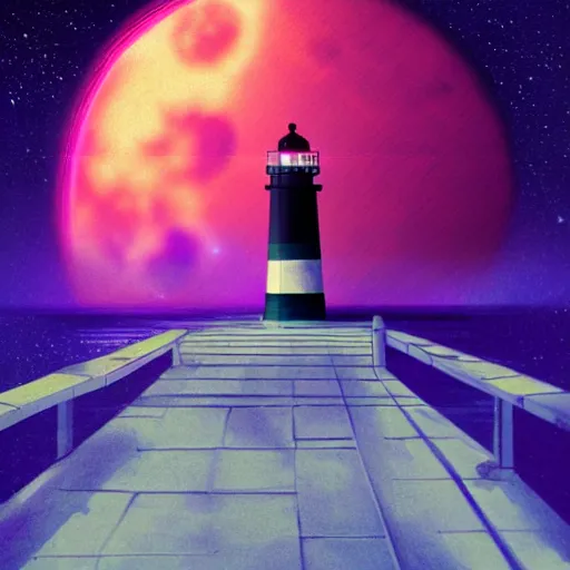 Image similar to lighthouse in the moon, epic retrowave art, trending on art station