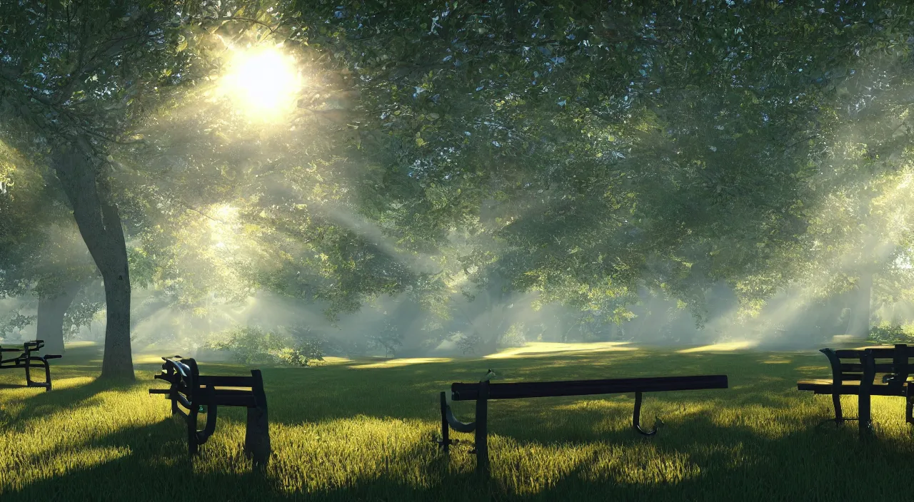 Prompt: trees to the left of the park bench on the lawn, and golden god rays shine through the gaps in the branches and leaves onto the bench, insane details, dramatic lighting, unreal engine 5, concept art, cg society.