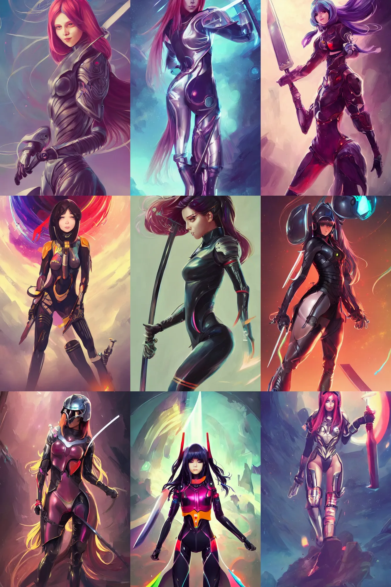 Prompt: poster art of woman in full sci - fi body suit holding a sword and helmet, long straight hair, colourful, pretty face, cute face, android eyes, anime style by rossdraws, artgerm and greg rutkowski, 4 k, graphic design, adobe illustrator, behance, trending on pixiv