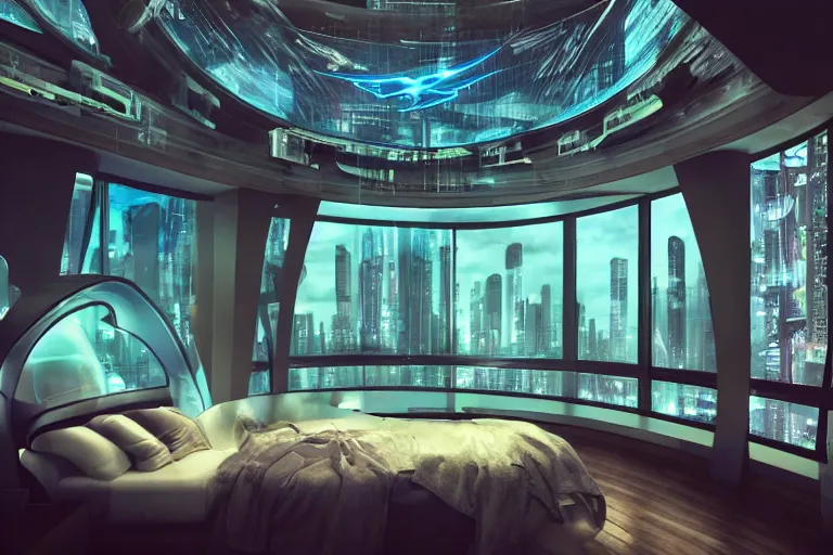 Image similar to a futuristic bedroom with large curved ceiling high windows looking out to a far future cyberpunk cityscape, cyberpunk neon lights, raining, scifi