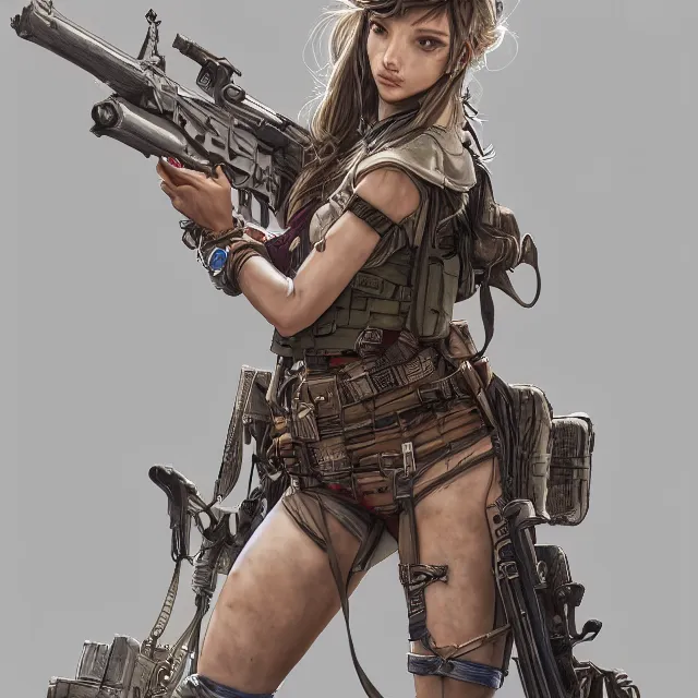 Prompt: the portrait of lawful neutral colorful female infantry gunner as absurdly beautiful, gorgeous, elegant, young swimsuit model looking up, an ultrafine hyperdetailed illustration by kim jung gi, irakli nadar, intricate linework, highly detailed faces, extremely sharp focus, octopath traveler, unreal engine 5 highly rendered, global illumination, radiant light, detailed and intricate environment