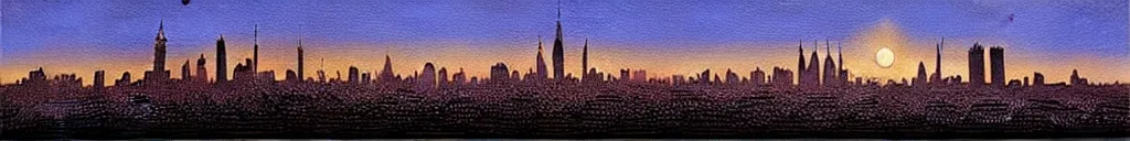 Image similar to A light blue star sinking behind a modern city skyline by Dan Mumford and Dean Ellis and John Atkinson Grimshaw and Anton Fadeev, sunset, purple sky, art nouveau
