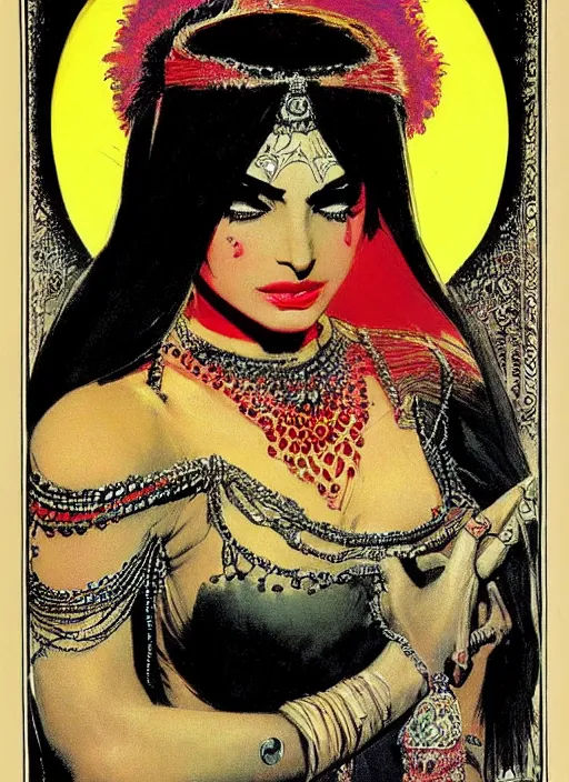 Image similar to female indian vampiress, jeweled veil, strong line, saturated color, beautiful! coherent! by frank frazetta, high contrast