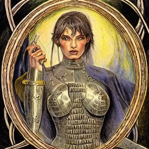 Prompt: jeanne d'arc in the style of william blake, terese nielsen, detailed, intricate, beautiful faces, steve argyle, triumphant fate