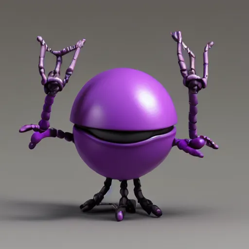 Prompt: photo of a comically tiny clay model of character with large spherical purple head and large childlike eyes with comically tiny body and spindly limbs leans close to the camera, fish eye lens, 4 k, hyper realistic, hyper detailed face, octane render, comedic, cute