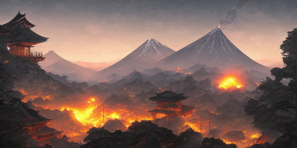 Prompt: a powerful japanese village high in mountains, fanart artstation global illumination rtx hdr fanart arstation 3 d, volcano, mystical power steam, concept art by greg rutkowski and laurie greasley, fantastic landscape, 8 k, cinematic color grading