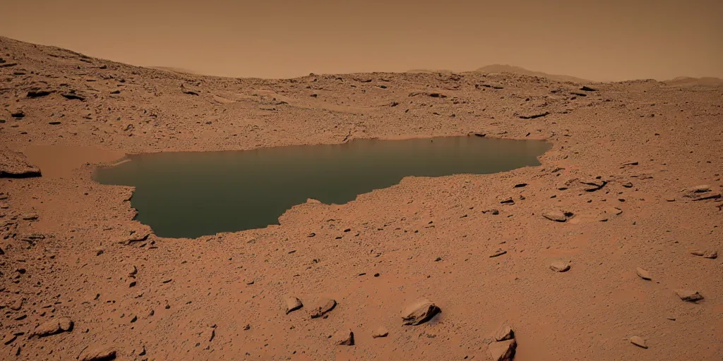 Image similar to photo on mars with plants and lakes on its surface, mountains, trees, bright fauna
