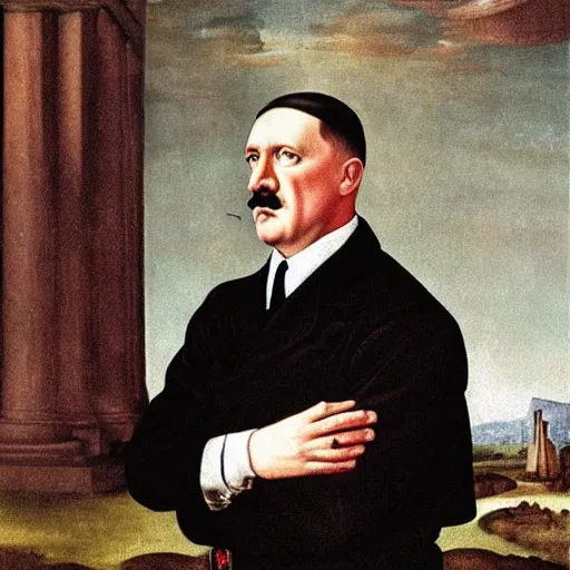 Image similar to ‘Portrait of Adolf Hitler in womens clothes, renaissance painting’