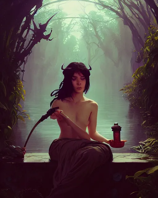 Image similar to highly detailed vfx portrait of a witch casting water magic, unreal engine, greg rutkowski, loish, rhads, beeple, makoto shinkai and lois van baarle, ilya kuvshinov, rossdraws, tom bagshaw, alphonse mucha, global illumination, detailed and intricate environment