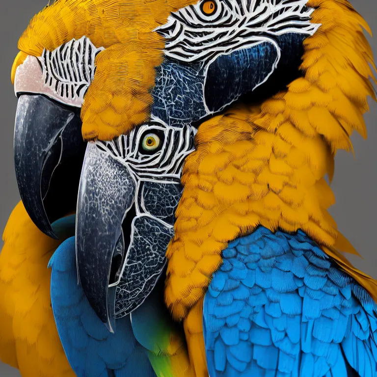 Image similar to octane render portrait by wayne barlow and carlo crivelli and glenn fabry, a single beautiful colorful blue and gold macaw, surrounded by shiny reflective aluminum foil, cinema 4 d, ray traced lighting, very short depth of field, bokeh