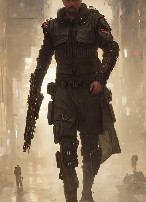 Image similar to gengis khan. cyberpunk police trooper in a military vest ( blade runner 2 0 4 9, cyberpunk 2 0 7 7 ). orientalist portrait by john william waterhouse and james gurney and theodore ralli and nasreddine dinet, oil on canvas. cinematic, hyper realism, realistic proportions, dramatic lighting, high detail 4 k