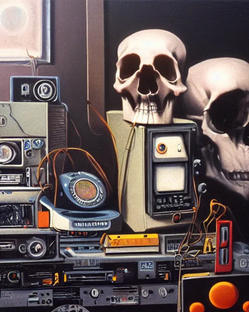 Prompt: a skull observing 8 0 s era technology, vintage shapes, retro technology, vintage color, wayne barlow, oil on canvas, deep depth of field, masterpiece, cinematic composition, hyperdetailed