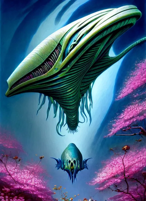 Image similar to photo of an alien fish in the style of roger dean, realistic, sharp focus, 8 k high definition, insanely detailed, intricate, elegant, art by greg rutkowski and artgerm, extreme blur cherry blossoms background