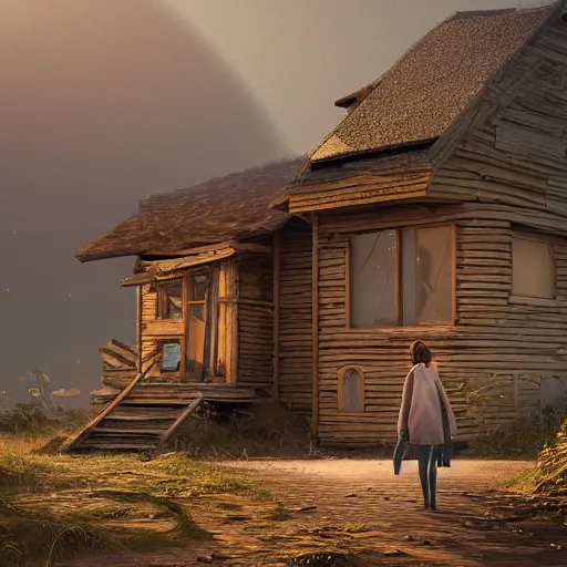 Image similar to woman leaving her wooden broken house by simon stålenhag, very highly detailed, award winning, rendered by Beeple, by Makoto Shinkai, syd meade, starwars, space art concept, digital art, unreal engine, blender, WLOP, trending on artstation, 4K UHD image, octane render