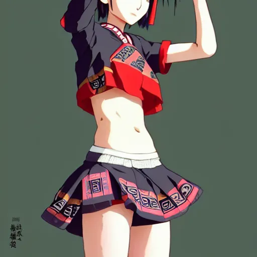 Image similar to a beautiful! boyish! natalie portman alluring gravure! model, wearing japanese school girl outfit with mayan pattern and native style, aztec street fashion, gapmoe yandere grimdark, trending on pixiv fanbox, painted by greg rutkowski makoto shinkai takashi takeuchi studio ghibli, akihiko yoshida