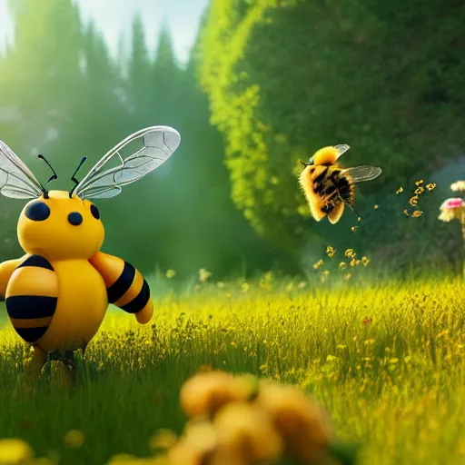 Image similar to large cute bee flying to crimson - black cute bee art school, in a beautiful forest meadow village landscape, flowers, happy trees, photorealistic, octane render, rtx, hdr, unreal engine, digital art widescreen 8 k, studio ghibli, disney, wlop