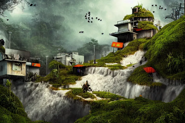 Prompt: favela bunker honeybee hive, forest waterfall environment, industrial factory, spooky, award winning art, epic dreamlike fantasy landscape, ultra realistic,