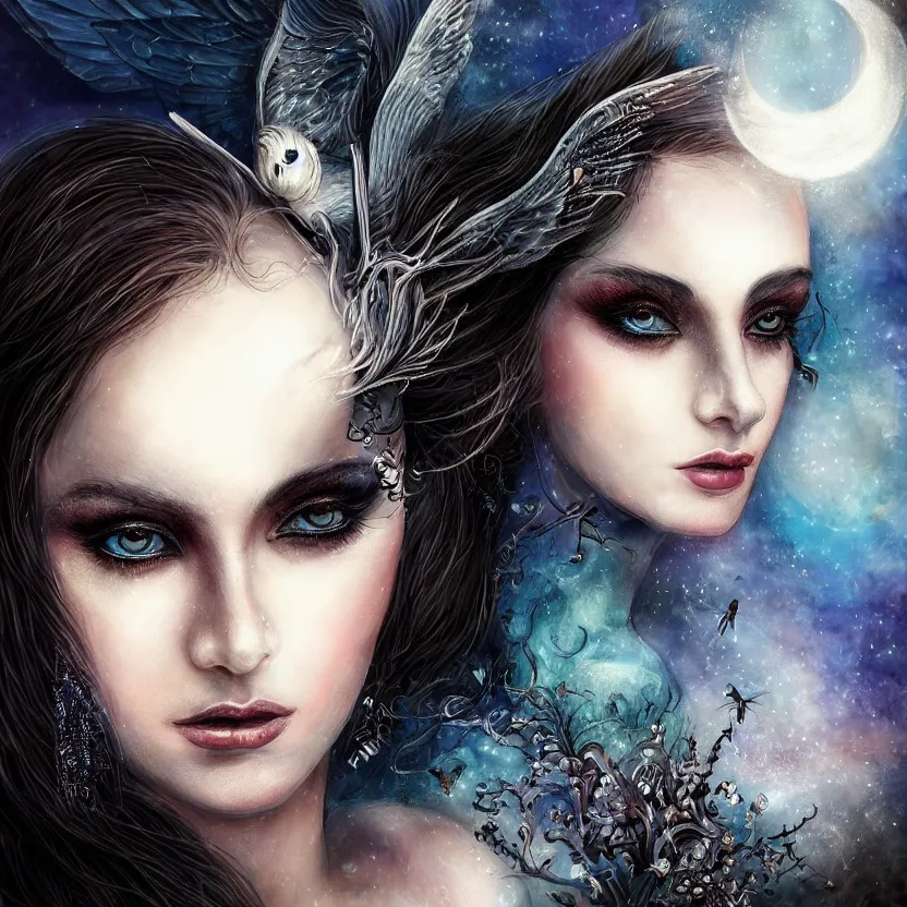 Image similar to close up portrait on the enchanting femenine witch, hyper attractive, seductive, very complex, hyper-maximalist, overdetailed, legendary cinematic, darkfantasy, archetype with timeless beauty breathtaking eyes & glowing wings, collossal moon rising behind her with bird shadows, highly intricate, digital art, very elegant, HDR 8K, biblical art, realism, incomprehensible yet perspicious detail, unbeatable quality, silent hill aesthetic, photorealistic, lifelike, DSLR 8k, unbeatable coherency, Omnious intricate, octane render, created Nixeu & z--ed from deviantart