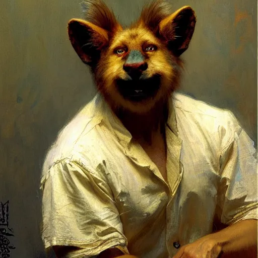 Image similar to a portrait of an animal wearing a shirt and sitting in bed. highly detailed painting by gaston bussiere, craig mullins, j. c. leyendecker, furry