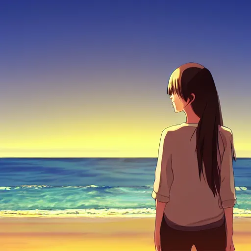 Image similar to woman looking at the sea on the beach during sunset, realistic shaded, highly detailed, anime, realistic, by hayao miyazaki