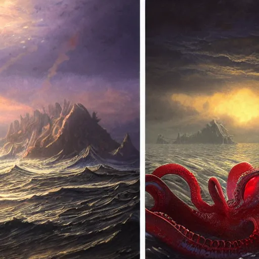 Image similar to A beautiful hyper realistic detailed matte painting of a octopus- and war-ravaged underwater city and a humongous red-glow-eyed whale battling between violent waves, by andreas rocha and john howe, and Martin Johnson Heade, featured on artstation, featured on behance, Atlantis, deep sea fish, wonderful, underwater landscape, golden ratio, ultrawide angle, f32, well composed, cohesive