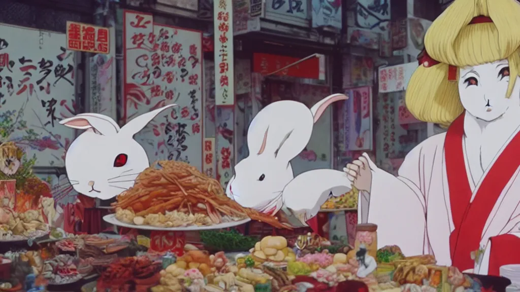 Image similar to a huge white rabbit wearing a geisha robe eating at the street market, anime film still from the an anime directed by Katsuhiro Otomo with art direction by Salvador Dalí, wide lens