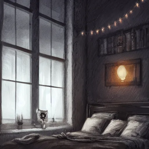 Prompt: cozy rustic bedroom that is dimly lit with a night view of new york in heavy mist, gothic punk style, highly detailed, artstation, concept art