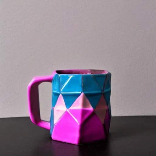 Prompt: avant - garde geodesic triangle ceramic mug with pink and purple pearlescent glaze