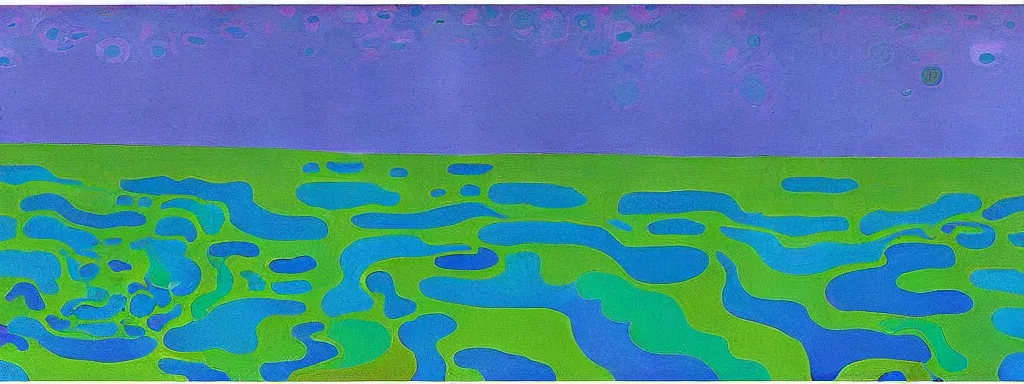Image similar to Psychedelic sci-fi dreamworld. Landscape painting. Organic. Winding rushing water. Waves. Clouds. Landscape by Alex Katz. Wayne Thiebaud. Paul Klee. David Hockney.