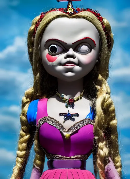 Image similar to closeup face profile portrait of a tin toy greta thunberg as the bride of chucky as a fairytale princess wearing a crown, bikini, depth of field, zeiss lens, detailed, fashion photoshoot, by nicoletta ceccoli, mark ryden, lostfish, breathtaking, 8 k resolution, extremely detailed, beautiful, establishing shot, artistic, hyperrealistic, octane render