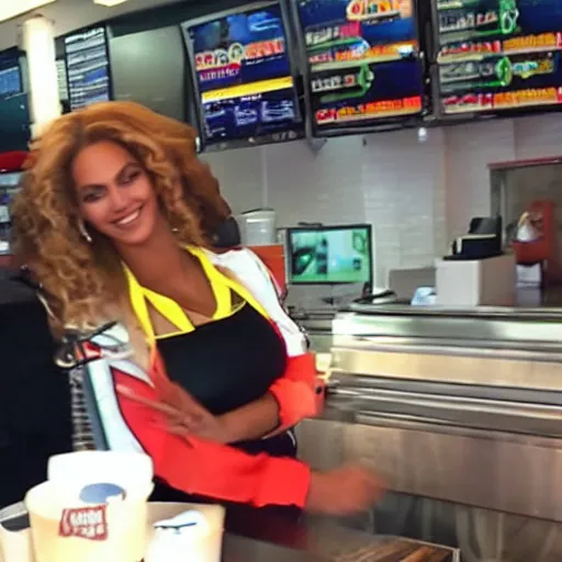 Image similar to beyonce working at burger king,