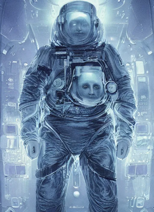 Image similar to astronauts in dark and empty void underwater - complex and hyperdetailed technical suit. reflection and dispersion materials. rays and dispersion of light. volumetric light. 5 0 mm, f / 3 2. noise film photo. flash photography. ultra realistic, wide angle. poster by wayne barlowe, hajime sorayama aaron horkey, craig mullins